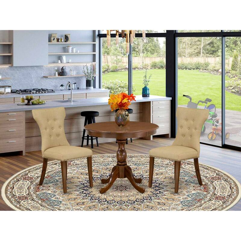 3-Piece Acacia Walnut Finish Solid Wood Top - Button Tufted Dining Room Set - Seats 4