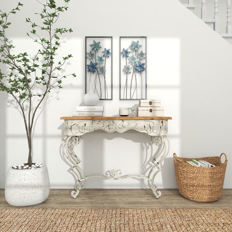 Teal Metal Floral Home Wall Decor with Black Frames and Gold Accents (Set of 2)