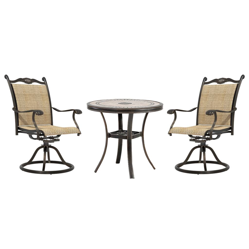3Pcs Cast Aluminum Dining Set with Round Tile-Top Table and Textilene Swivel Chairs