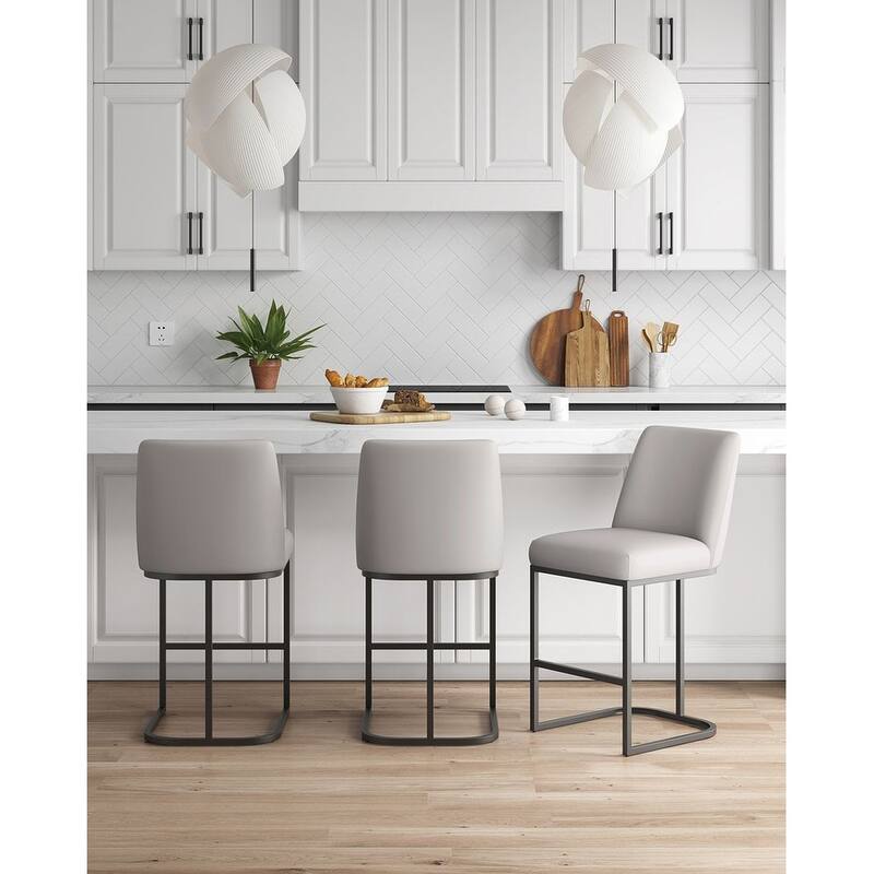 Manhattan Comfort Serena Modern Faux Leather Upholstered Counter Barstool - Set of 3 - Light Grey - Counter Height
