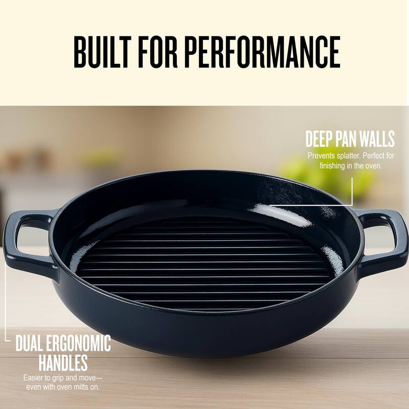 Alva Nori 11" Enameled Cast Iron Griddle Pan, Naturally Nonstick Grill Pan