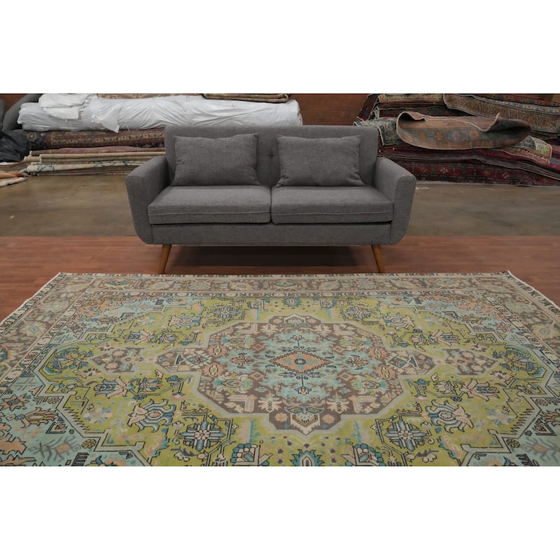 Hand Knotted Oriental 100% Wool Carpet Traditional Medallion Green Tabriz Area Rug - 9' 2'' X 6' 5''
