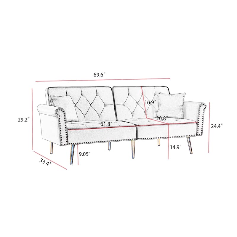 Velvet Tufted Sofa Couch with 2 Pillows and Nailhead Trim for Living Room, Entryway, Hallway, Office
