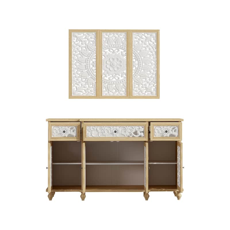 Booksheves Boho Entryway Display Cabinet w Wall Décor White Hollow Carved Panels Sideboard