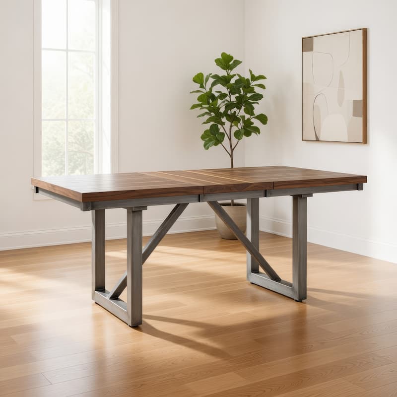 60-77 Inch Extendable Dining Table, Natural Brown Wood, Smooth Gray Metal