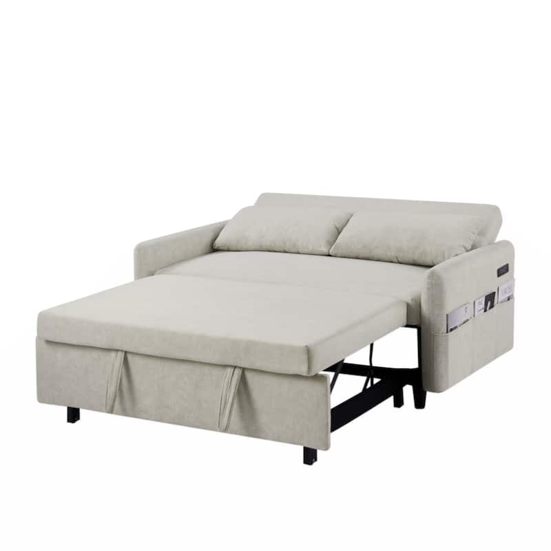 55.1" Pull Out Sleep Sofa Bed Loveseats Sofa Couch with Adjsutable Backrest,Storage Pockets,2 Soft Pillows,USB Ports,Beige