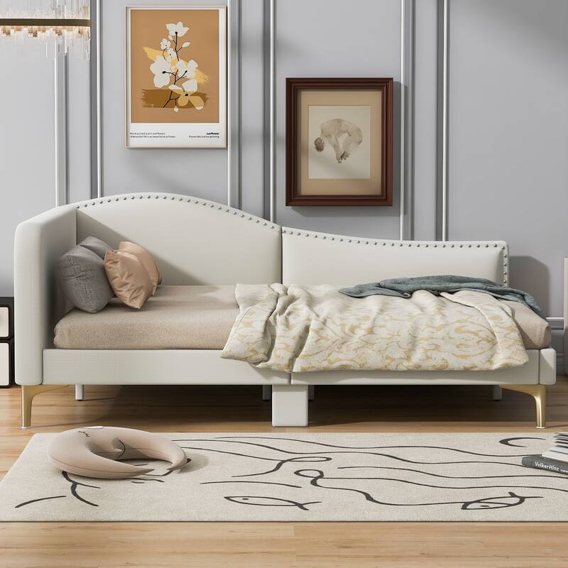 Modern Upholstered Full Size Daybed with Headboard and Armrest, Beige Linen Fabric, Sturdy Wood Frame
