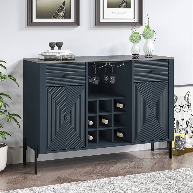 42" Modern Wine Cabinet with Metal Glass Rack and Drawers - 42" in Width