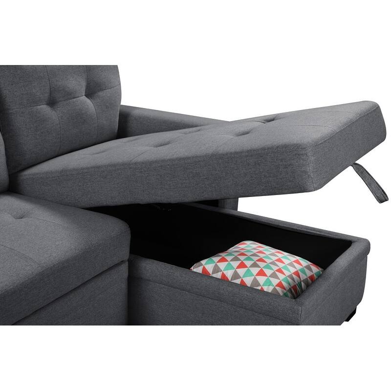 84" Dark Gray Reversible Sleeper Sofa with Storage, USB Ports, Pocket, Linen