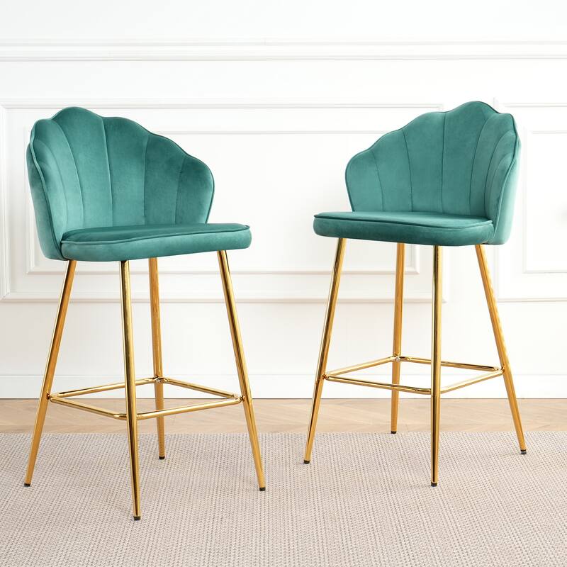 Velvet Shell Bar Stools Set of 2, Counter Height Chairs with Metal Legs, Upholstered Kitchen Island Chairs with Footres - Green