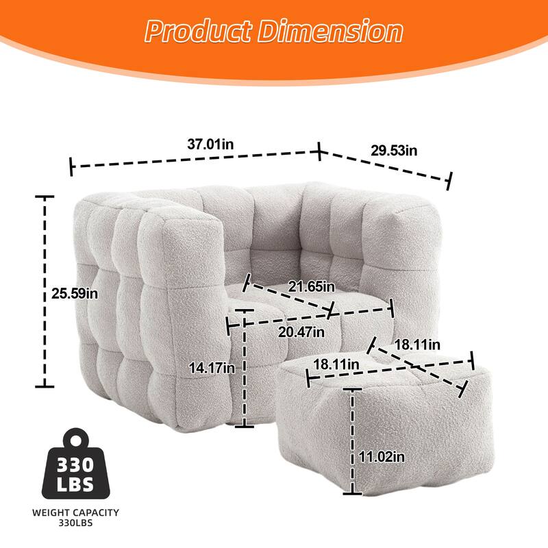 Boucle Upholstered Tufted Modern Non-installation Bean Bag Sofa Chair with Ottoman for Living Room