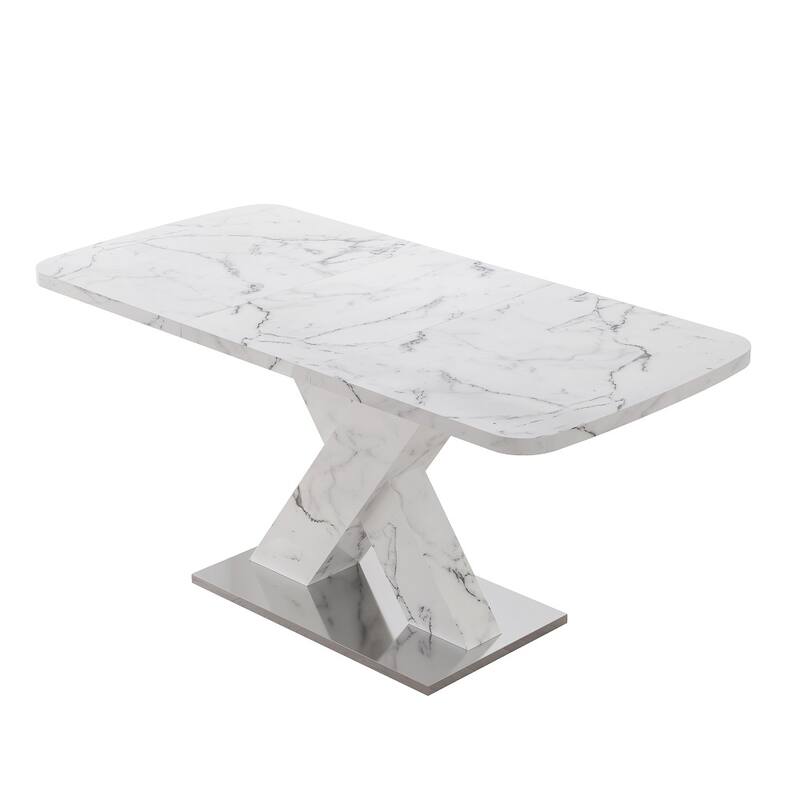 Modern Square Dining Table with Marble Table Top and X-Shape Table Leg - White
