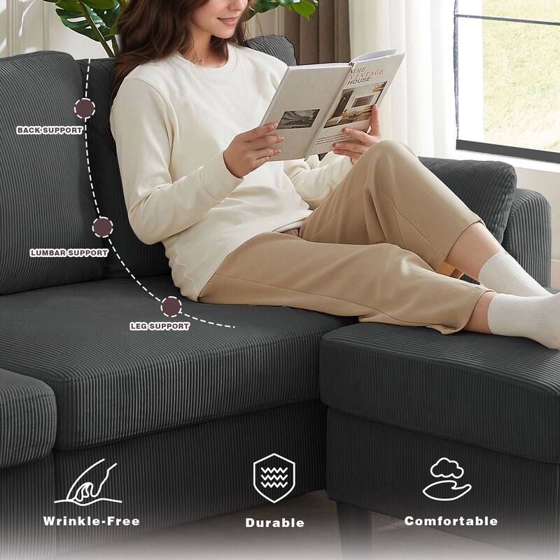 101"Corduroy 3 Piece Living Room Set Including 4 Seater Sofa ,2 Storage Ottoman and Chair