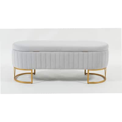 Oval Velvet Storage Bench with Metal Legs - Upholstered Bedroom Bench, Modern Storage Ottoman Bench for Living Room or Bedroom