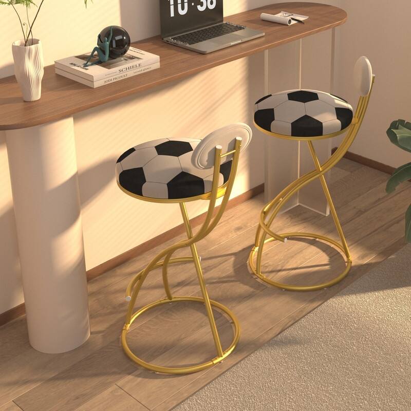 Football Print Bar Stools Set of 2 Upholstered Counter Height Barstool for Kitchen Island S-shaped Velvet Metal Dining Chairs