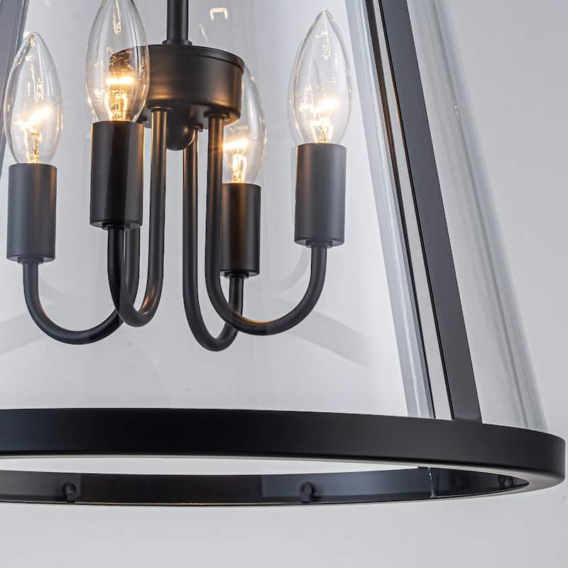4-Light Black Farmhouse Clear Glass Drum Pendant Light
