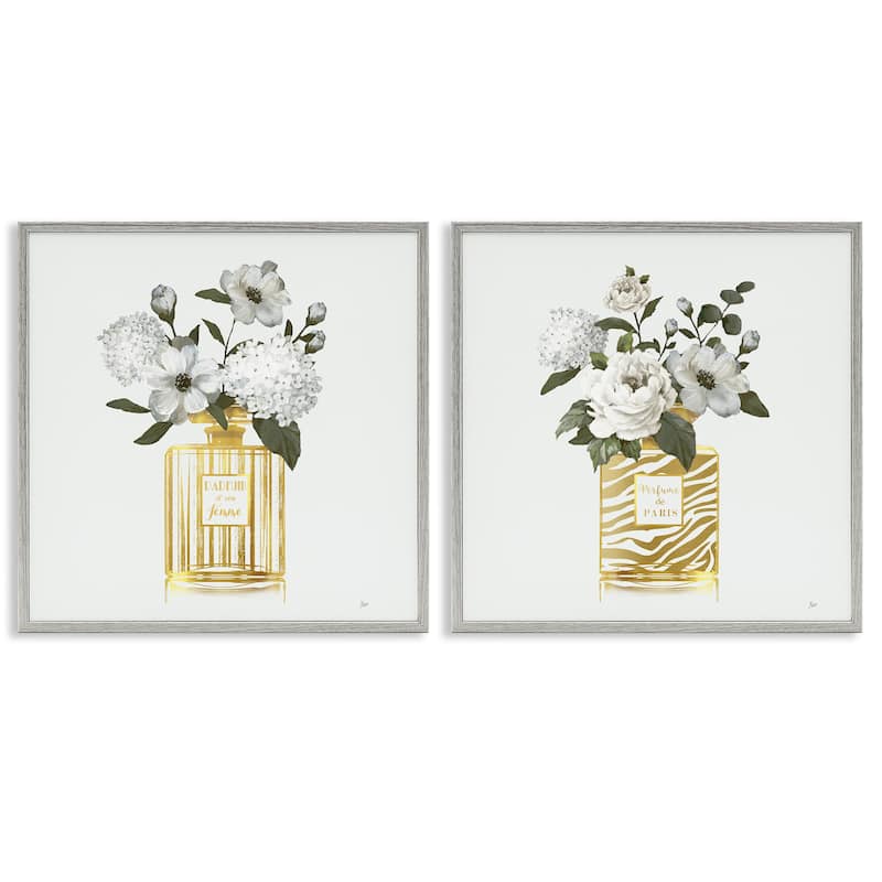 Stupell Glam Detailed Perfume Bouquets Framed Giclee Art Design By Nan (Set of 2) - 12 x 12 - Grey