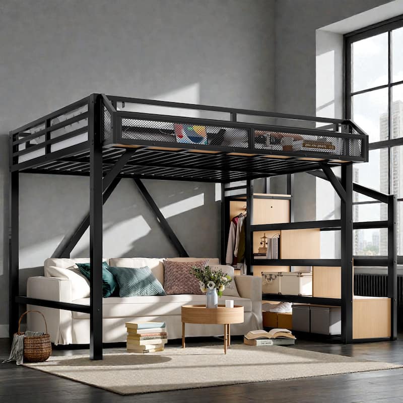 Metal Loft Bed with Storage Stairs, Built-in Wardrobe, Shelves, USB Ports, LED Lights & Noise-Reduced Frame - Black Natural - Queen