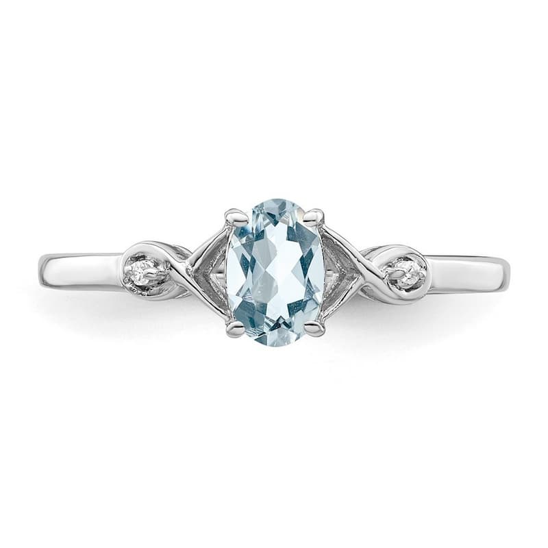 Curata 925 Sterling Silver Polished Open back Rhodium Plated Diamond and Aquamarine Oval Ring
