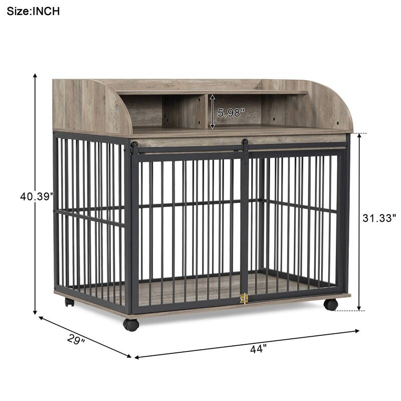 44" Heavy Duty Dog Crate Furniture with Lockable Wheels, Storage & Sliding Door for Medium to Large Dogs