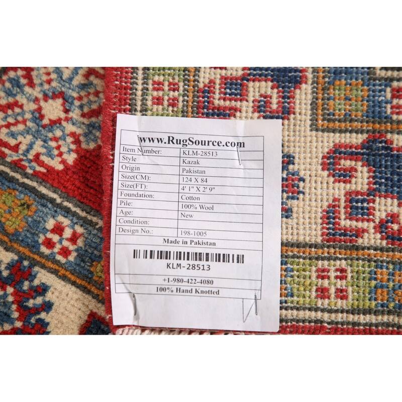 Red Traditional Kazak Accent Rug Hand-Knotted Wool Carpet - 2'9" x 4'1"