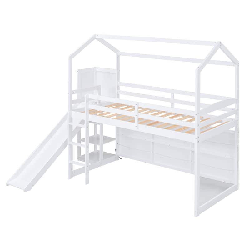 Twin Size Wood Loft Bed with Slide, Storage Shelves, and Light in White