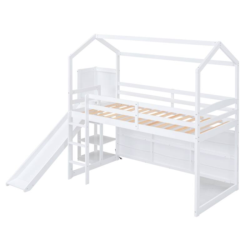 Wooden Playhouse Loft Bed with Trundle, Slide, and Storage Shelves