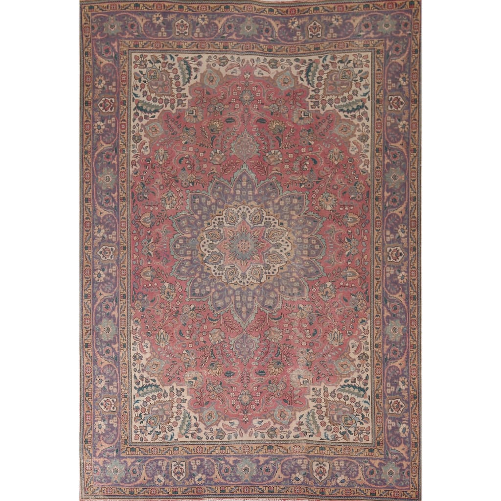 Pink Floral Tabriz Persian Vintage Area Rug Handmade Wool Carpet - 8'3"x 11'1"