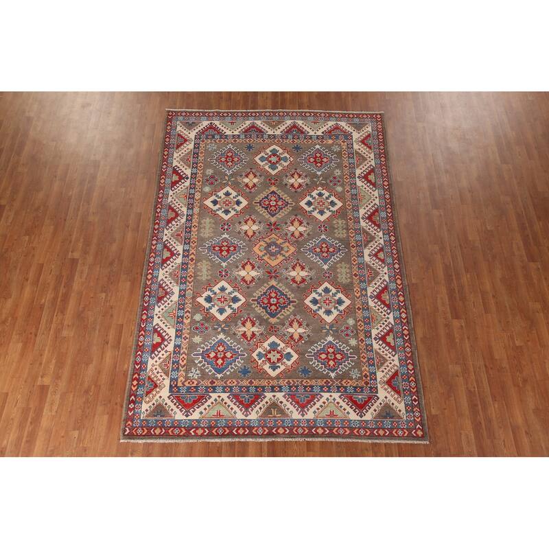 Geometric Brown Kazak Area Rug Handmade Wool Carpet - 6'7" x 9'10"