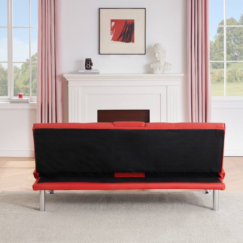 Roomfitters 67-Inch Red Faux Leather Convertible Futon Sofa Bed, Modern Sleeper Couch with Cup Holders for Small Spaces