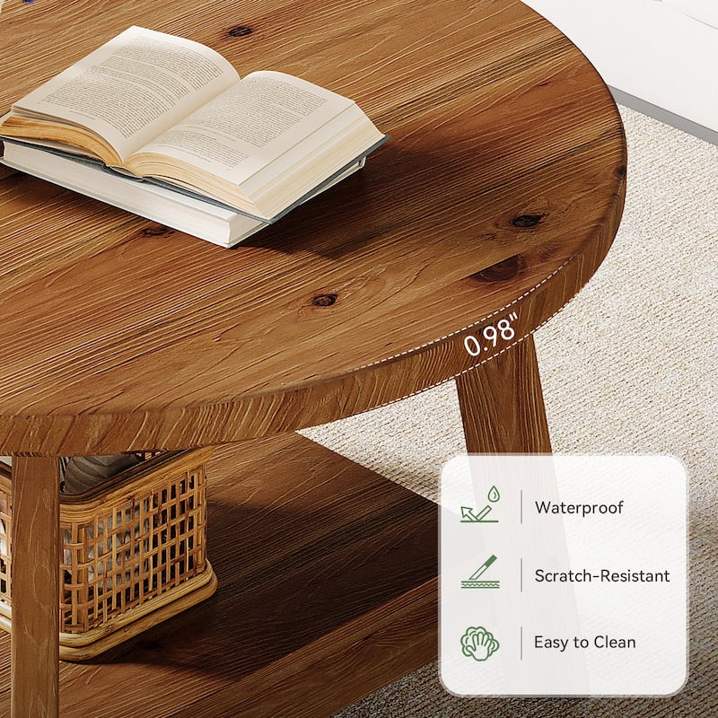 2-tier Solid Wood Round Coffee Table for Living Room - 31.5" D x 31.5" W x 17.7" H