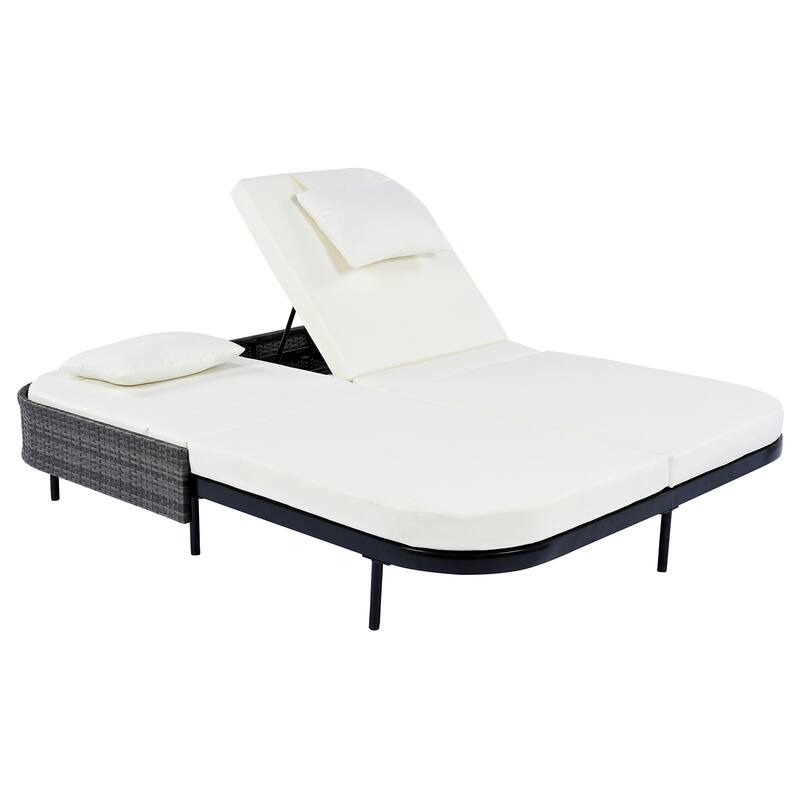 Outdoor Double Chaise Lounge Chair with 5-Position Adjustable Backrest, Patio PE Rattan Reclining Chair 2-Person Sunbed Daybed