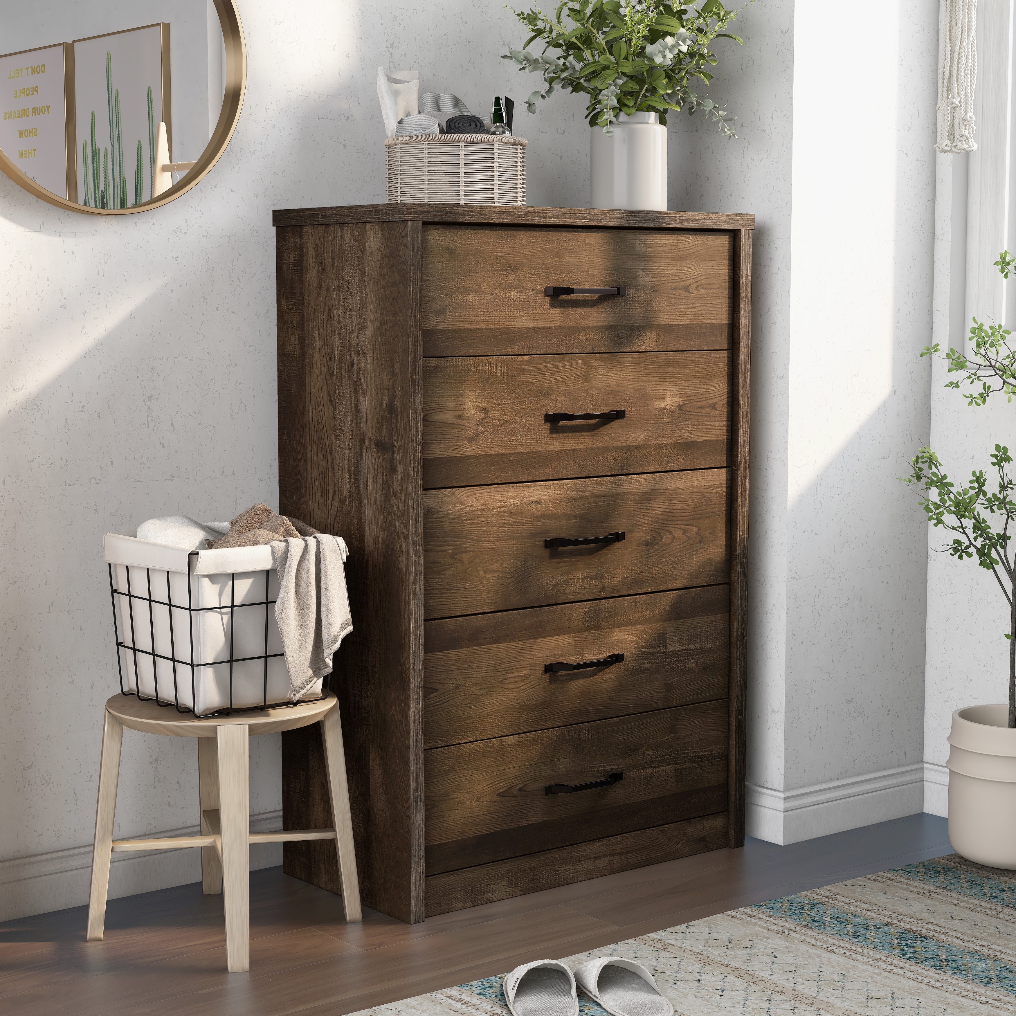 Furniture of America Greer Rustic Walnut and Black Bar 5-Drawer Chest