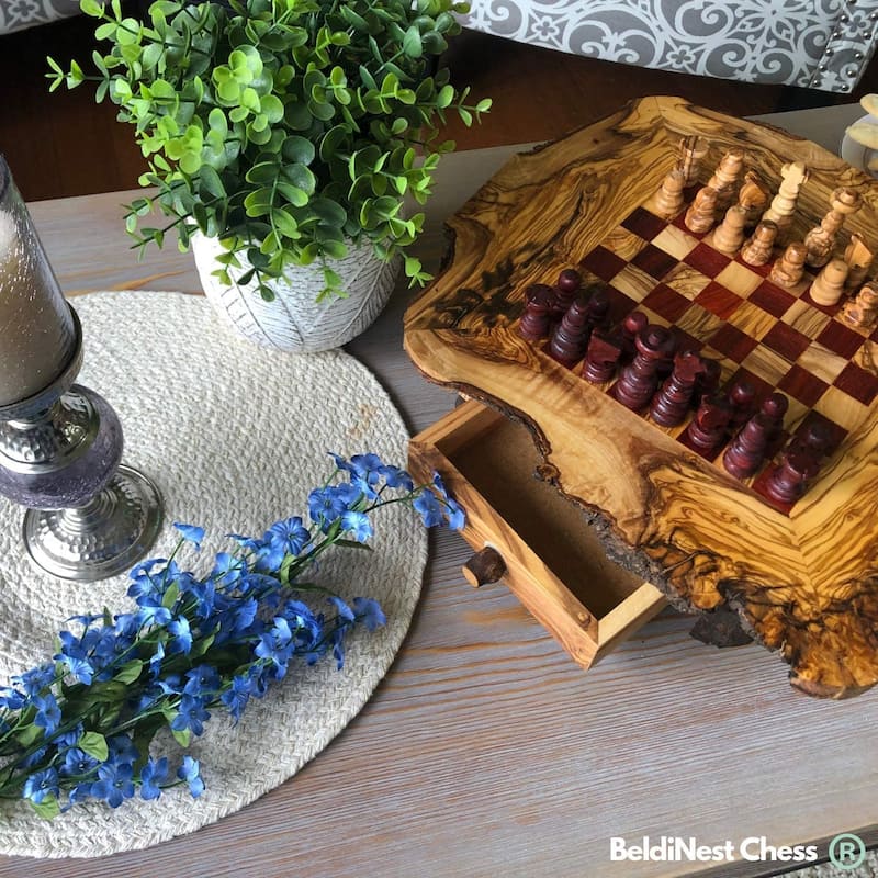 Rustic Red Olive Wood Chess Set- Luxury Edition- Wooden Chess Set - N/A