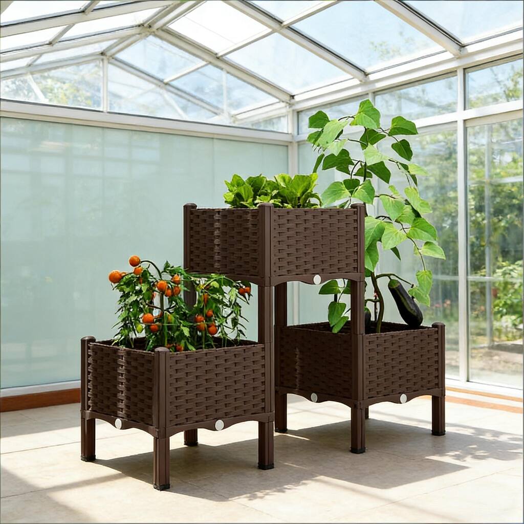 Elevated Garden Planter Boxs with Rattan Design, Self-Watering System