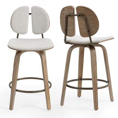 Set of 2 Betrys Beige Woven Fabric Swivel Counter Stool with Wood Legs