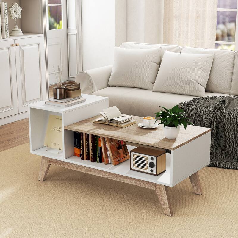 Gymax Coffee Table 43'' Center Table w/ Stepped Tabletop & Storage