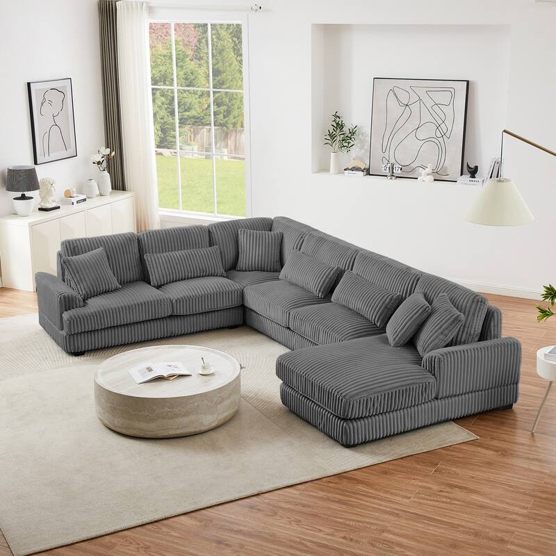 Roomfitters 129-Inch Oversized U-Shaped Sectional Sofa, Modern Corduroy Upholstered Couch with Chaise Lounge, Dark Grey