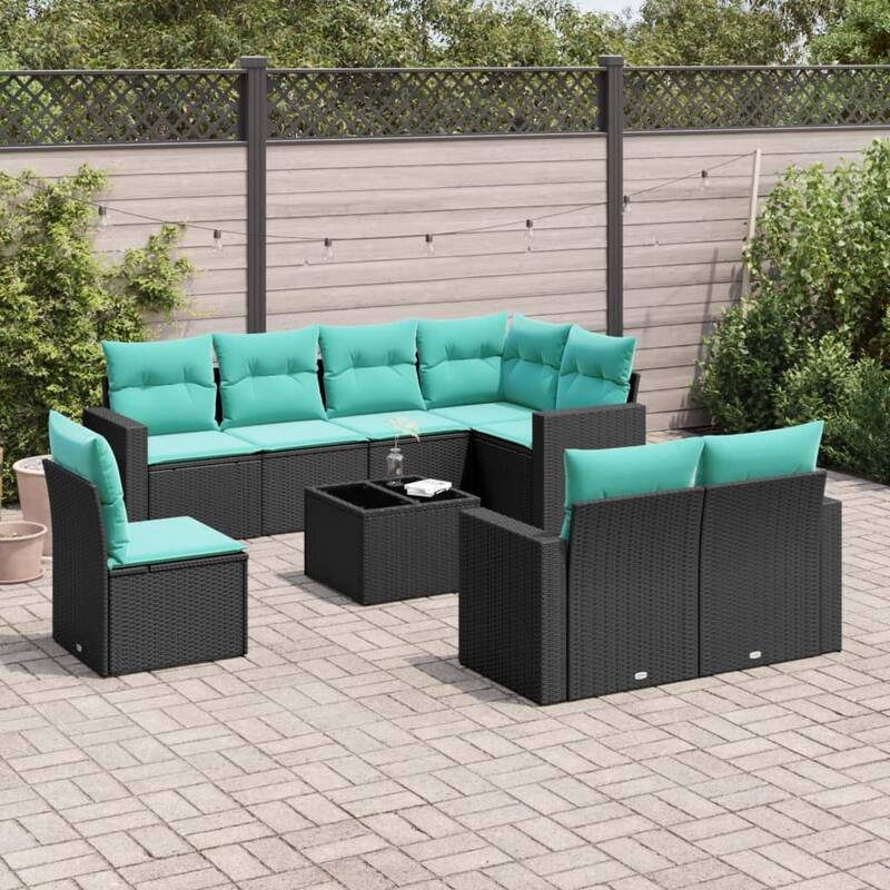 vidaXL 8/9 Piece Patio Sofa Set with Cushions Black Poly Rattan - 24.4" x 24.4" x 27.2" - Black and blue-With table
