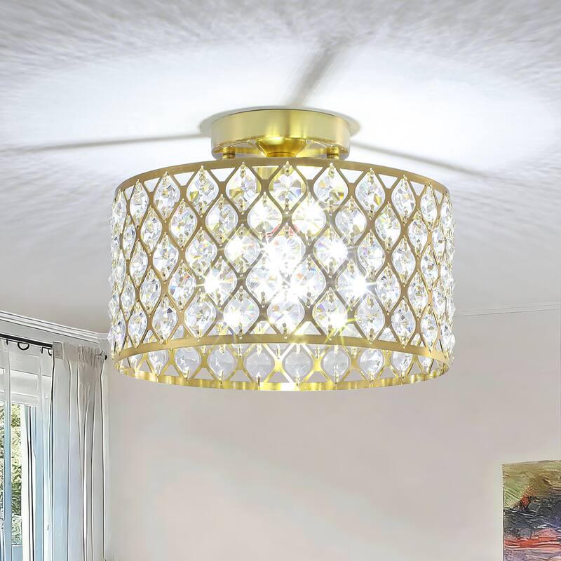 1-Light Modern Vintage Drum Crystal Semi-Flush Mount Ceiling Light - Brushed Gold