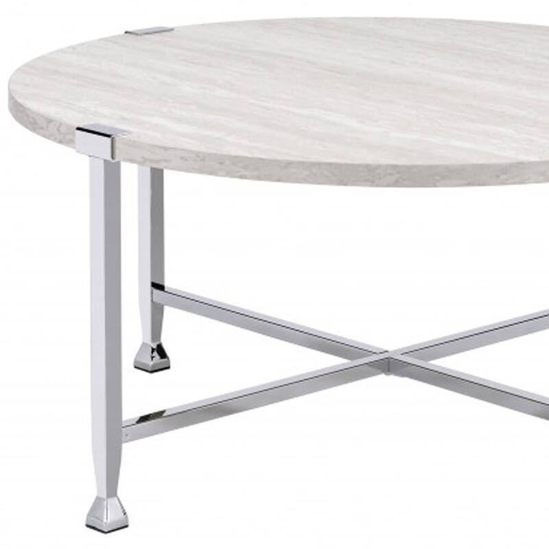 36-Inch White and Silver Round Metal Cross Legs Coffee Table for Living Room - 36” x 36” x 18”