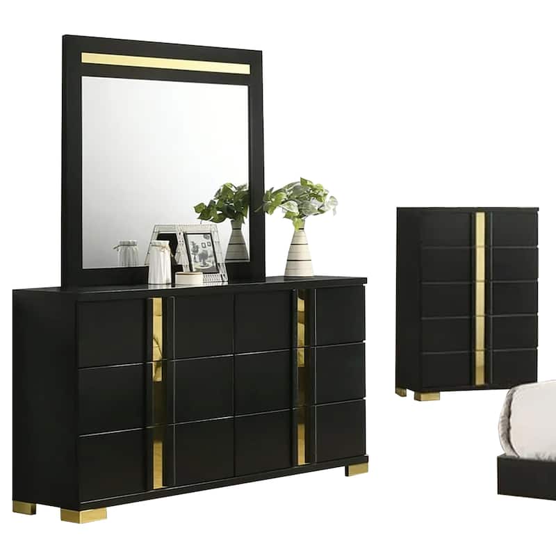 Yoki 5pc Queen Bedroom Set w Underbed LED- Black and Gold- Tall Dresser