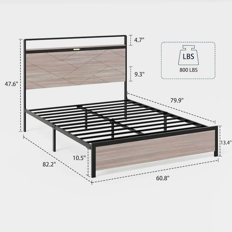 Platform Bed Frame with LED Headboard, Metal Bed with Charging Station and Under-Bed Storage