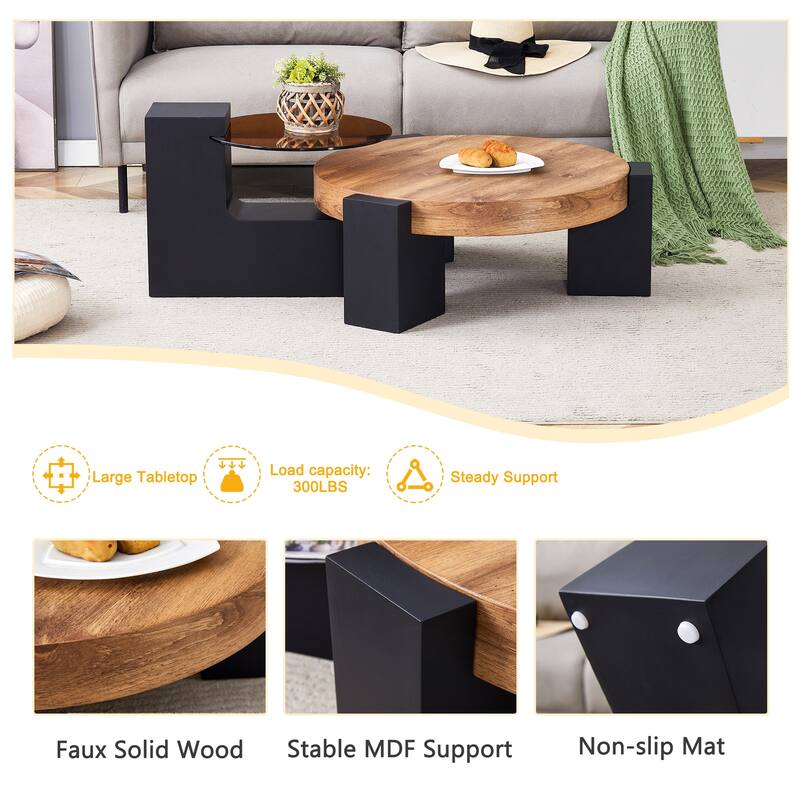 Wood Coffee Tables for Living Room, Round Accent Coffee Tables Modern Double Layer Circle Center Table for Small Space