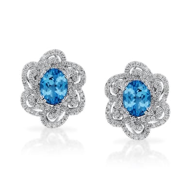Auriya 3 1/5ct Fancy Oval-cut Blue Topaz Halo Diamond Stud Earrings 9/10ctw 18k Gold