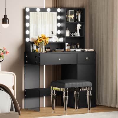 Vanity Desk with Mirror and 3 Lighting Modes, Makeup Vanity with Glass Top, Dressing Table with 2 Drawers and Cabinet, Black