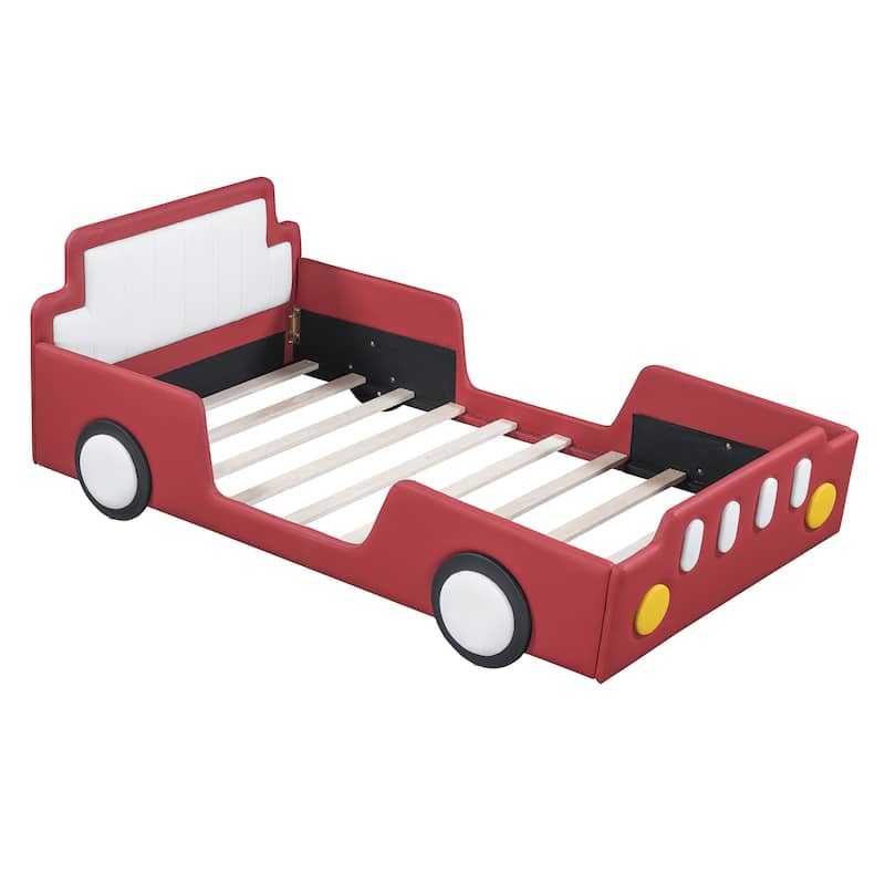 Red Modern Design Twin Size Race Car-Shaped Platform Bed with Wheels for Bedroom