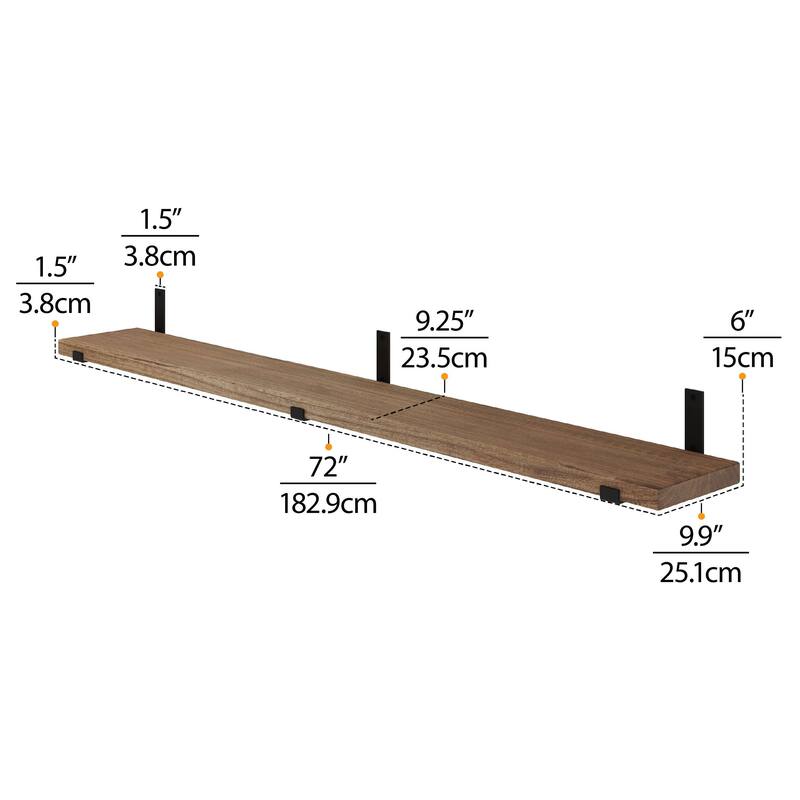Wallniture Forte Wood Board 72" Long, 9.25'' Deep, 1.5" Thick, Floating Bookshelf for Wall, Hanging Shelf Living Room Decor, 1Pc