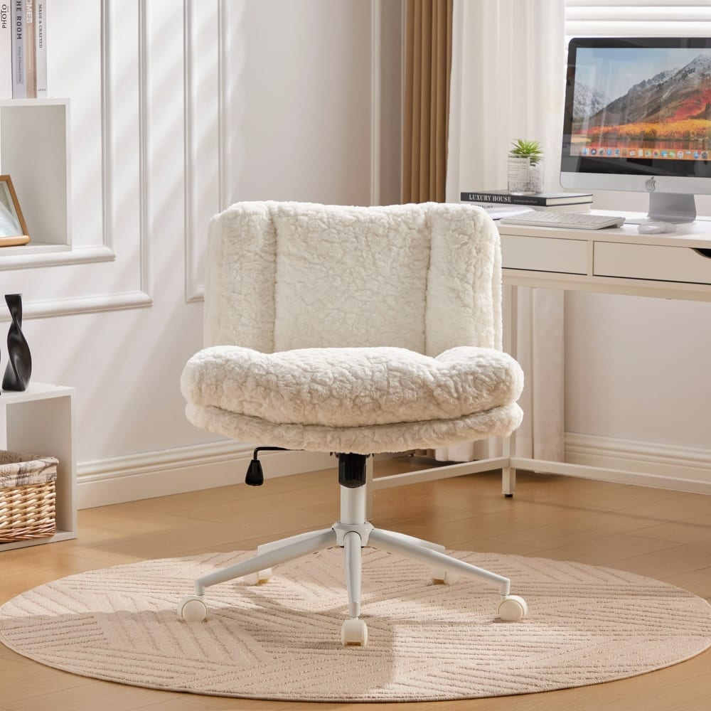 Roomfitters Wide Faux Fur Office Chair, Adjustable Swivel Desk Chair with White Metal Base, Cozy Upholstered Vanity Chair