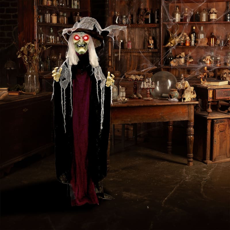Haunted Hill Farm 6.9-Ft. Poseable Talking Witch with Red Eyes